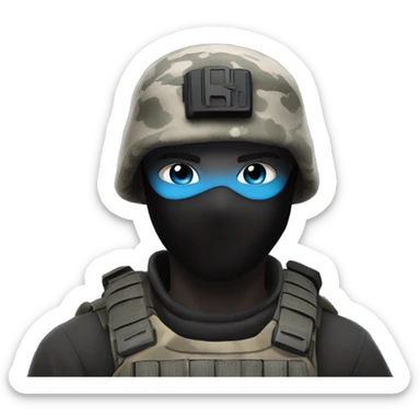 male, pale skin, call of duty black face mask, camo tactical gear, combat boots, black beanie, blue eyes sticker