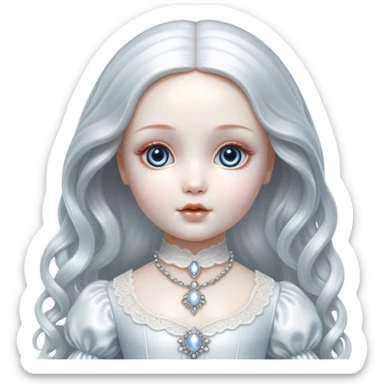 Cinematic, Ultra realistic 32k HD, hauntingly beautiful porcelain doll, Balanced features, highly detailed, glowing with silver light, high shine, remembrance, a painting of white silver, fanciful, enchanting, ghostly. The image is so lifelike it could leap off the canvas at any moment sticker