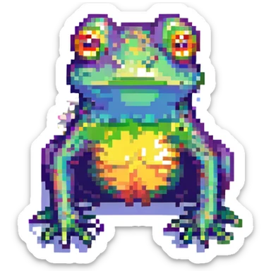 a sad frog in pixel art style, rainbow-colored skin, glitch effects sticker