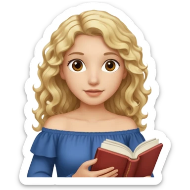 woman with long curly blond hair, brown eyes, wearing an off-shoulder top, studying sticker