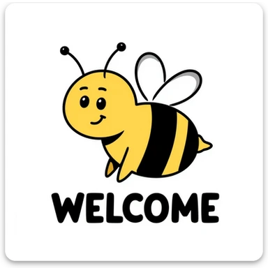 Welcome tag with a happy bee, black and yellow stripes, 'WELCOME' text sticker
