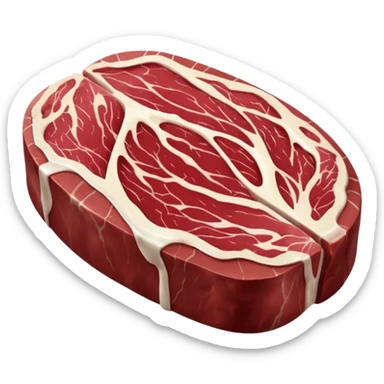 raw beef chuck steak, irregular oval shape, deep red meat, creamy white fat streaks, visible marbling, slight connective tissue lines, fresh, moist, thick, no plate, knife, or garnish, soft lighting, subtle shadows, emoji scale sticker