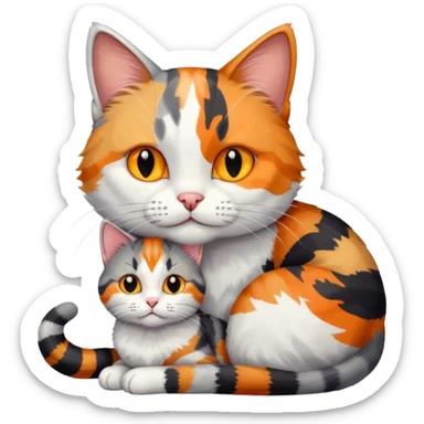 large grey and white cat cuddling a colourful light patched calico + white tabby cat sticker