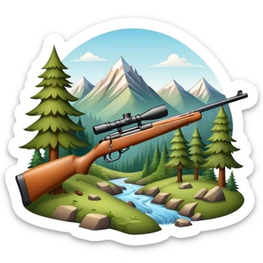 Icon for Hunting Tourism: hunting rifle, surrounded by nature elements like trees, mountains, and wildlife tracks. The icon should represent the adventure and exploration of hunting tourism. Transparent background. sticker