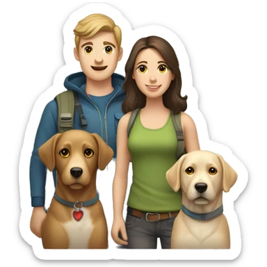 A young brunette couple, one male and one female, both with fair skin and light-colored eyes. They are accompanied by a friendly Labrador retriever. The trio is depicted in a camping sticker