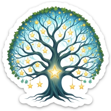 Celestial family tree with star-like portraits connected by flowing gossamer branches, ethereal ancestral connections sticker