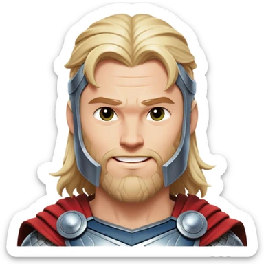 Cinematic Realistic Thor Portrait, head tilted playfully and inquisitively, showcasing his robust form and a warm, disarming smile. His expressive eyes and detailed armor are captured with lifelike clarity, as soft natural highlights reveal a side of the mighty god that is both approachable and full of mirth. sticker