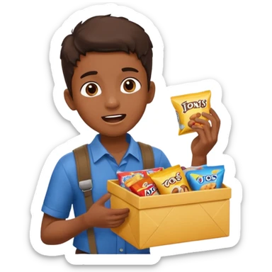 A young vendor boy with a snacks box strapped to his chest, calling out loudly. sticker