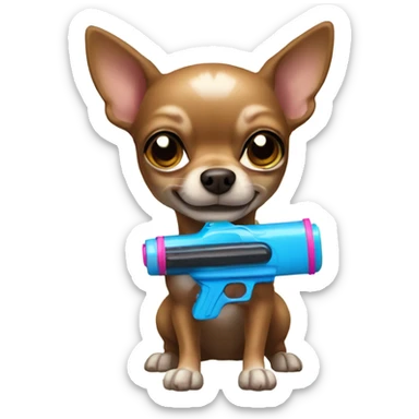 Brown chihuahua with a water gun sticker