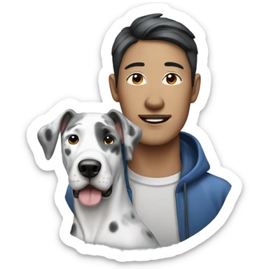 Asian man next to blue Merle great dane sticker