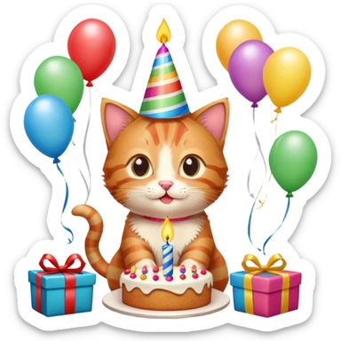 Ginger tabby kitten celebrates birthday, birthday hat, birthday cake, one candle, balloons, happy, gifts sticker
