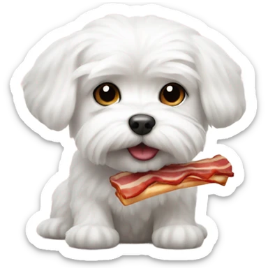 small white maltese holding a piece of bacon sticker