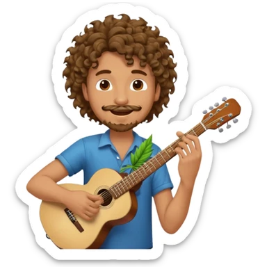 Generate a dude with curly hair and a shitty goatee who is high on marijuana playing the guitar and twisting a strand of his hair sticker