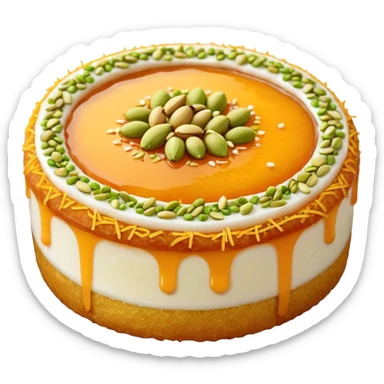 A small round emoji of traditional kanafeh with golden-orange crispy threads, a gooey white cheese center, and a light sprinkle of green pistachios. Warm and delicious-looking. sticker