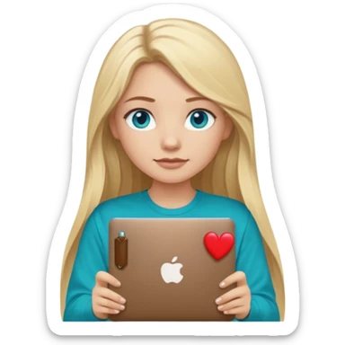 blonde long hair girl using macbook emoji. she has blue eyes and dark coffee shirt with Teal coloured accesory sticker