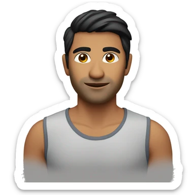 A head and shoulders shot of a 33 year old South Asian man, with short black hair,   with brown eyes wearing a t-shirt. sticker