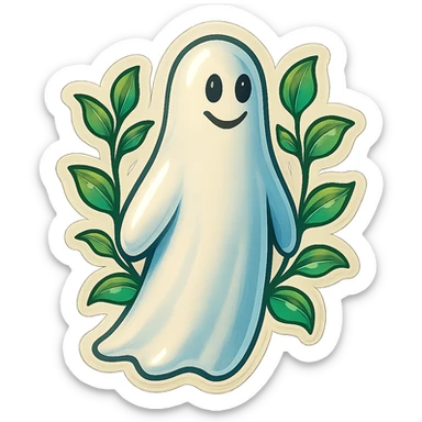 Move the vine and leaves from the ghost's head and shoulders to behind the ghost as decorative elements in the background. Keep the ghost tall, slim, and friendly, in retro sticker style with expressive shadows and highlights. The leaves and vine should frame or accent the ghost from behind, not covering its face or body. sticker