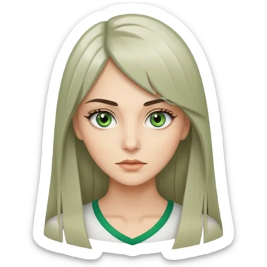 женщина с зелёными глазами, красивыми бровями, серо-бежевыми длинными волосами, подстриженных каскадом, с асимметричным пробором, прямой чёлкой sticker