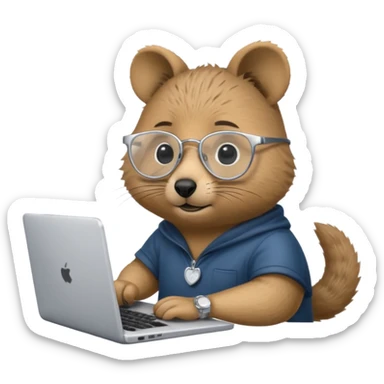 Quokka with silver-rimmed glasses working on a laptop sticker