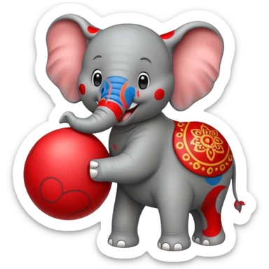 Create a cute emoji of a smiling cartoon elephant balancing a red patterned ball on its trunk sticker