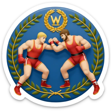 An icon symbolizing wrestling combat sports in the style of an emblem. The design features two wrestlers locked in a powerful grapple, one attempting to take the other down. Surrounding the scene are stylized elements like a championship belt, wrestling mat, and a laurel wreath. sticker