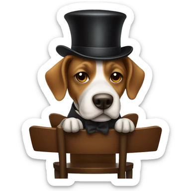 a dog wearing a bowler hat with a long snout sitting on a chair holding a cup of coffee  sticker