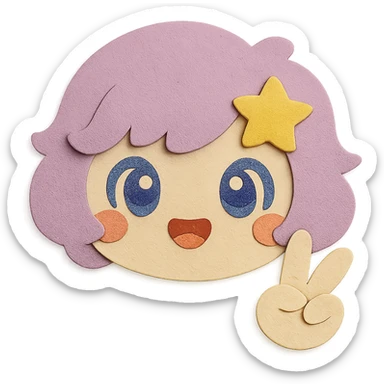 Remove the body, keeping only the head and a peace sign hand gesture. Preserve the face exactly as in the reference image with the same features and colors, including hair, eyes, blush, mouth, and all facial details. Maintain the paper craft style with clean lines and a transparent background. sticker