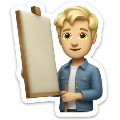 a guy with short blond hair and dressed like a painter holding a painting sticker