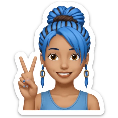 brown girl with blue dreads in a bun, giving peace sign with middle finger sticker