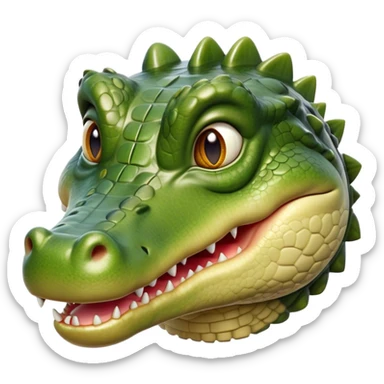 Cinematic Realistic Cute Crocodile Portrait Emoji, Head tilted playfully and inquisitively, featuring a robust, well-defined build with intricately detailed, glossy olive-green scales and a surprisingly endearing face with round, sparkling eyes full of unexpected charm, rendered with lifelike texture and natural highlights, high shine, affectionate and spirited, styled with a touch of wild whimsy, soft glowing outline, capturing the essence of a mischievous yet lovable crocodile that seems poised to snap playfully out of the screen into your arms! sticker