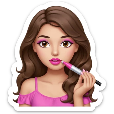 girl with long wavy brown hair, brown eyes, light to medium complexion, in a pink sexy top, pink lips, long lashes, puckered lips, putting on lipstick sticker