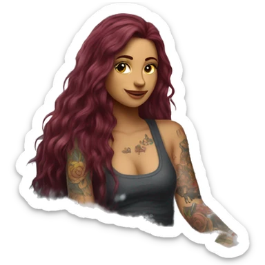 Beautiful tattooed burgundy long haired woman washing a car sticker