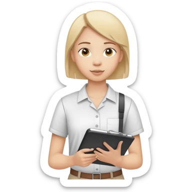 intern or volunteer holding a clipboard and pencil, ready to take notes or assist. The character wears a simple shirt and has an eager posture sticker