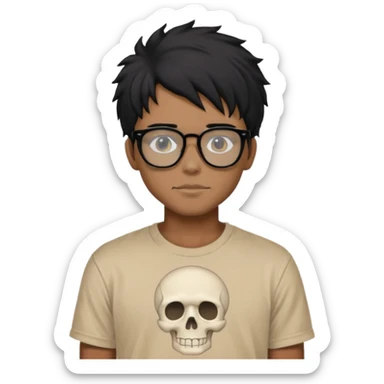 black anime hair guy with skeleton makeup wearing a stussy tshirt with glasses sticker