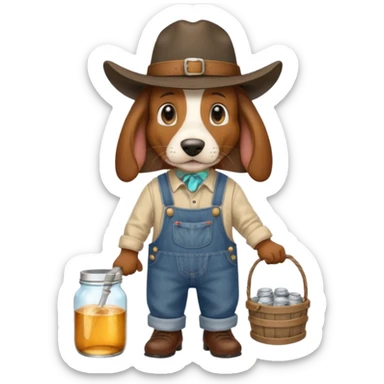 toothless hillbilly basset hound wearing a stetson and dungarees carrying moonshine sticker