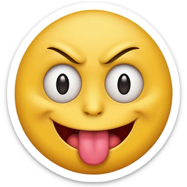 A yellow round face emoji smirking with its tounge out but the eyes are evil and kind of crazy and one eyebrow is raised in a suggestive way sticker