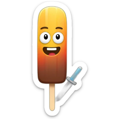 a popsicle with a brown top and with an arm wearing a sword sticker