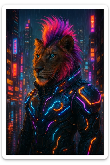 a lion in a cyberpunk suit with a mohawk, LED lights, cityscape background, cyberpunk theme sticker