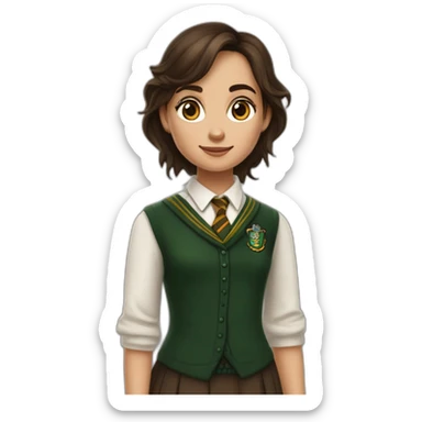 Fille brune aux yeux marron blanche de peau avec une tenue de la maison serpentard dans Harry potter sticker