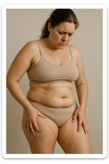 Donna con tanti inestetismi infelice sul corpo sempre riferite alla cellulite sticker