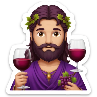 Bacchus, Wine God from Rome Mythology with long dark brown hair and beard, purple and burgundy outfit, sticker