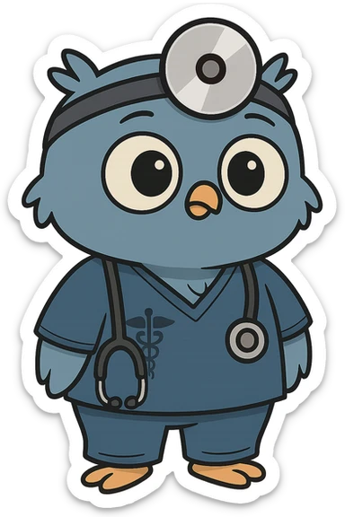 Change the baby owl's uniform to a blue psychology scrub, keeping the cartoon style, with a transparent background. sticker