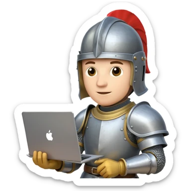 Knight with helmet holding laptop and money sticker