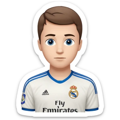 White male wearing Adidas Real Madrid jersey with Champions logo on sleeve and Fly Emirates on chest sticker