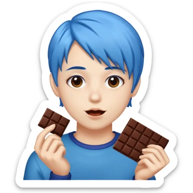 Blue haired person eating chocolate sticker
