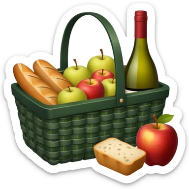 Dark green, plaid basket with both food, drink and fruits sticker