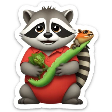 Chubby raccoon wearing a red polo and holding an iguana sticker