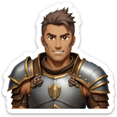 Cinematic Realistic WoW Human Warrior Portrait, head tilted dramatically with an exaggeratedly amused expression, blending rugged heroism with a hint of lighthearted charm. His chiseled face, framed by meticulously rendered steel armor and leather accents in consistent greys and bronzes, is brought to life with dynamic lighting and high shine, dramatic yet whimsical, capturing the essence of a warrior whose epic might is coupled with an approachable, playful demeanor. sticker