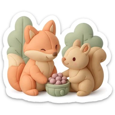 fox and squirrel sharing berries in a forest friendship scene, soft pastel colors, cushion style sticker