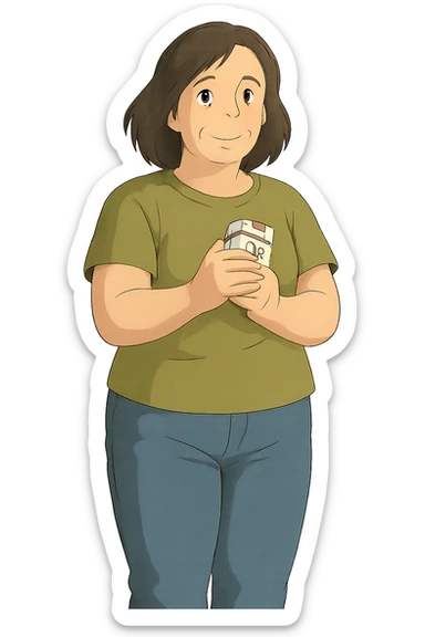 A full body of a middle aged woman wearing jeans and a t.shirt holding a packet of cigarettes close to his body sticker